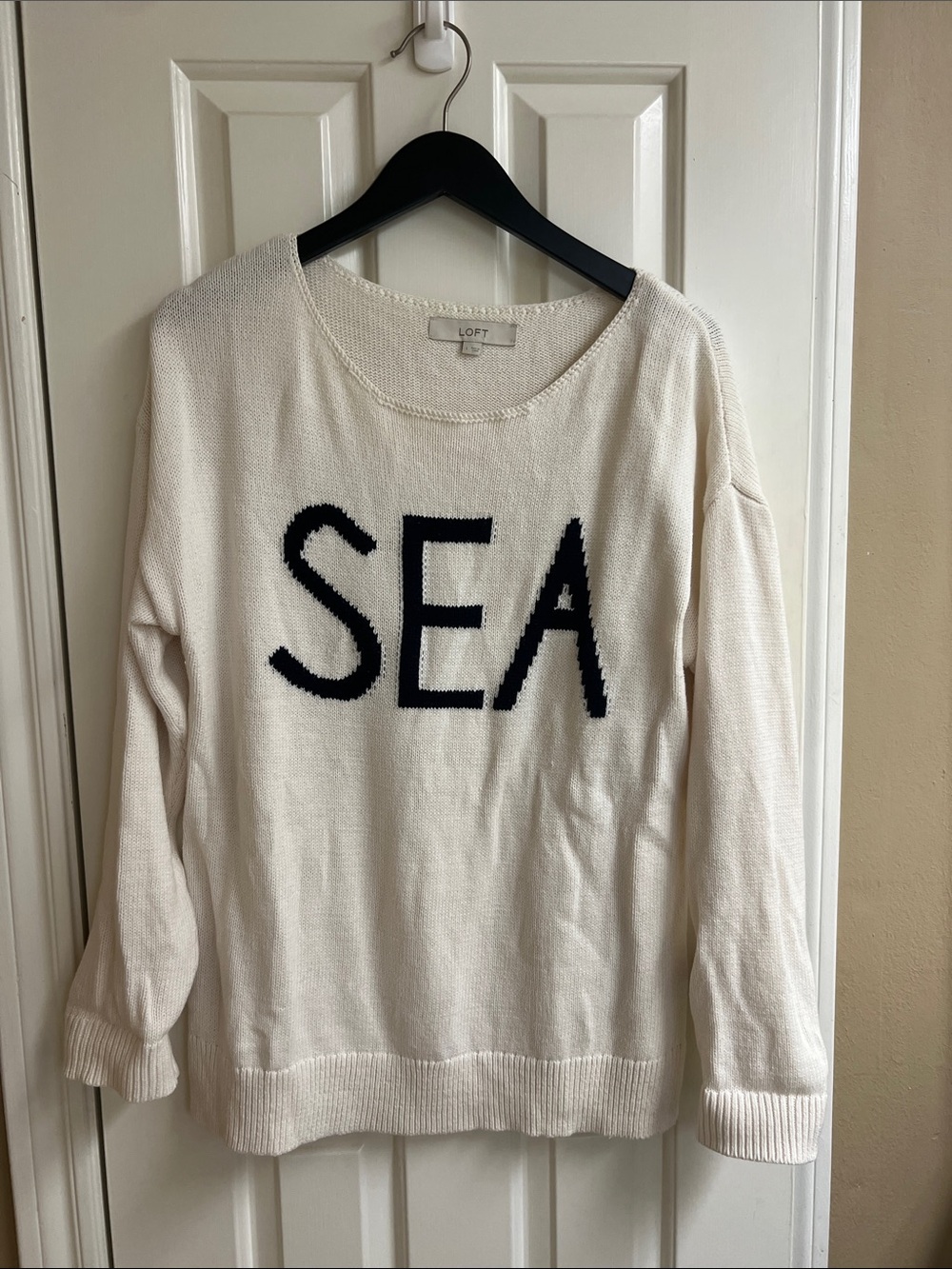 LOFT Cream Sweater with Black SEA Graphic